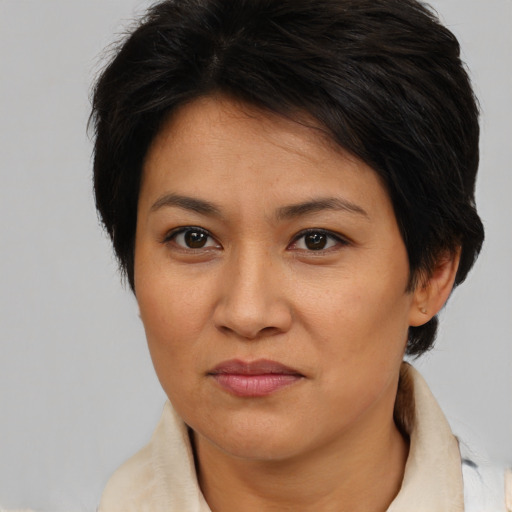 Joyful asian young-adult female with short  brown hair and brown eyes