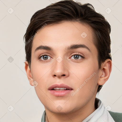 Neutral white young-adult male with short  brown hair and brown eyes