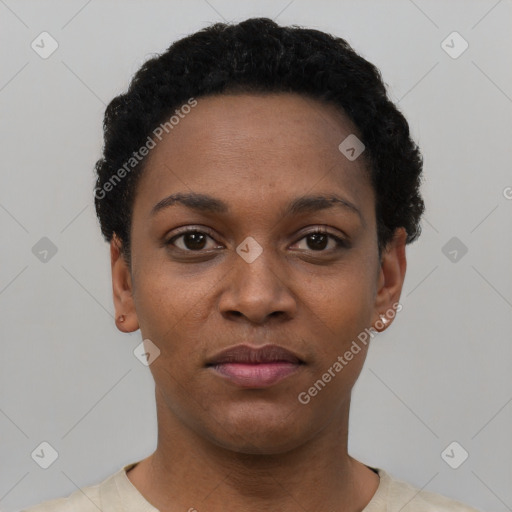 Neutral black young-adult female with short  black hair and brown eyes