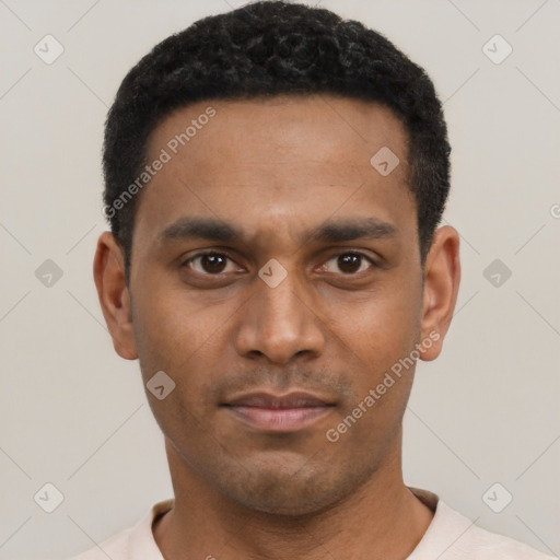 Neutral black young-adult male with short  black hair and brown eyes