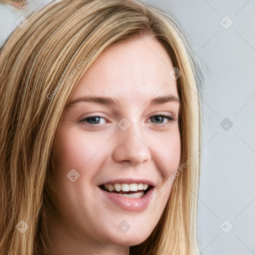 Joyful white young-adult female with long  brown hair and blue eyes