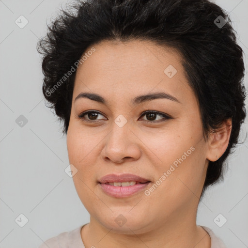 Joyful latino young-adult female with short  brown hair and brown eyes