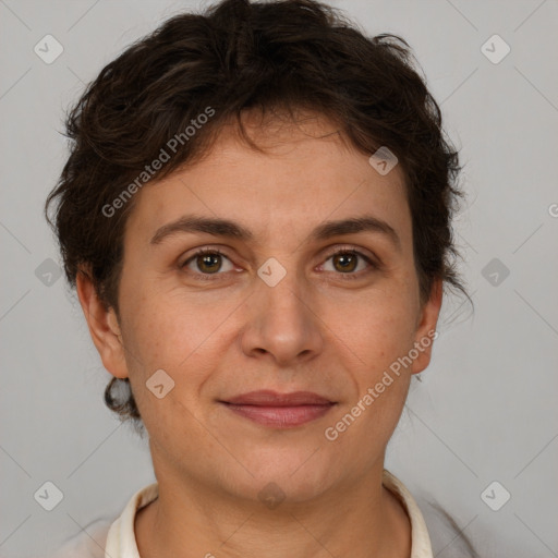 Joyful white adult female with short  brown hair and brown eyes