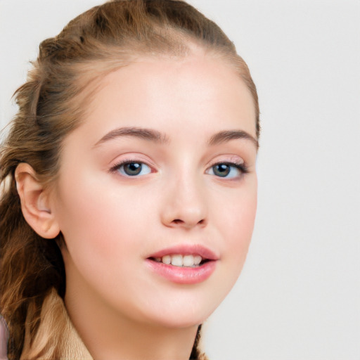 Joyful white young-adult female with long  brown hair and blue eyes