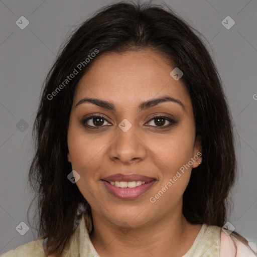 Joyful latino young-adult female with medium  brown hair and brown eyes