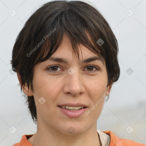 Joyful white young-adult female with medium  brown hair and brown eyes