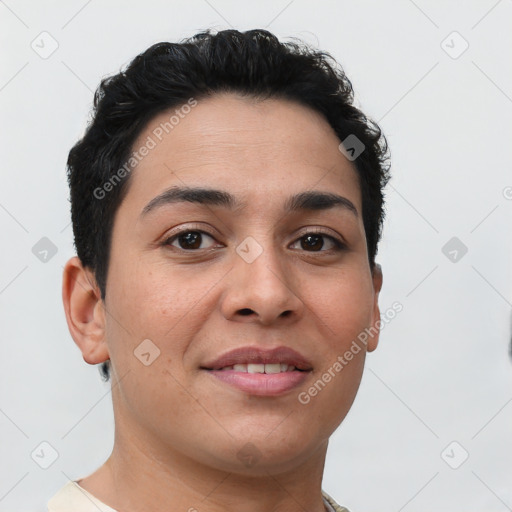 Joyful white young-adult female with short  brown hair and brown eyes