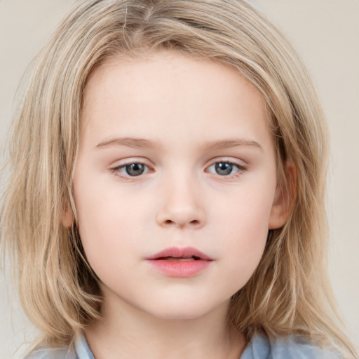 Neutral white child female with medium  brown hair and blue eyes