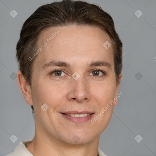 Joyful white adult male with short  brown hair and grey eyes