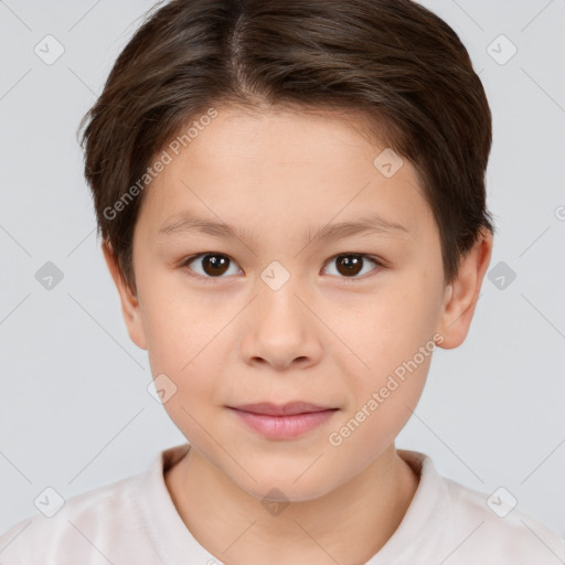 Joyful white child female with short  brown hair and brown eyes