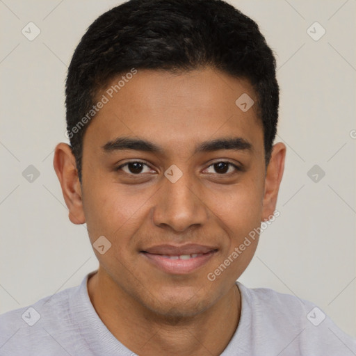 Joyful latino young-adult male with short  brown hair and brown eyes