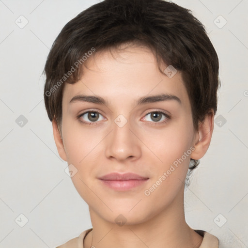 Neutral white young-adult female with short  brown hair and brown eyes