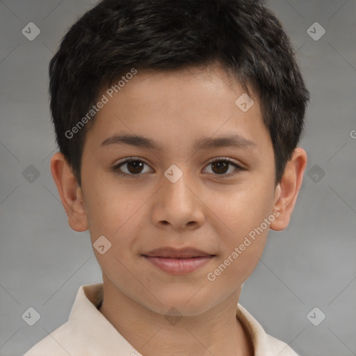 Joyful white child male with short  brown hair and brown eyes