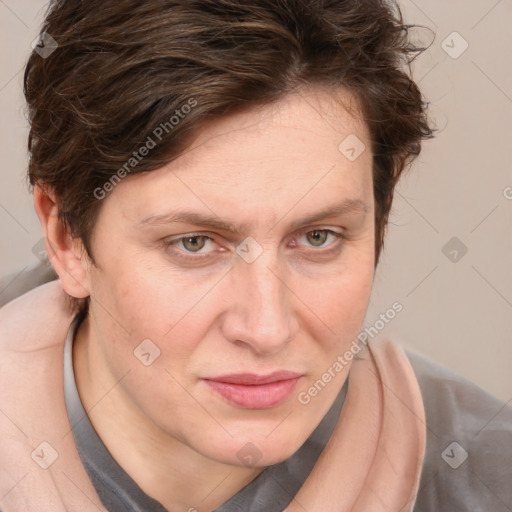 Joyful white adult female with medium  brown hair and blue eyes