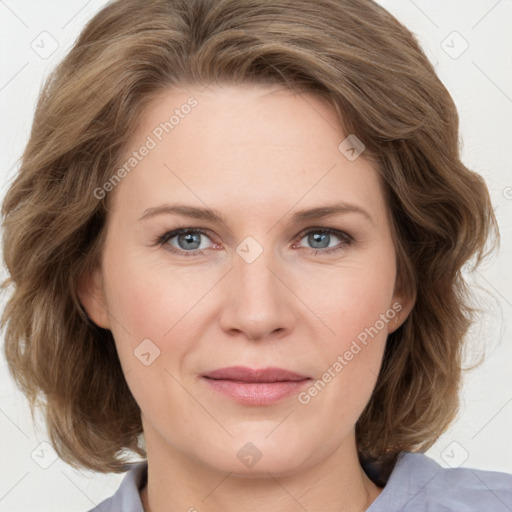 Joyful white young-adult female with medium  brown hair and blue eyes