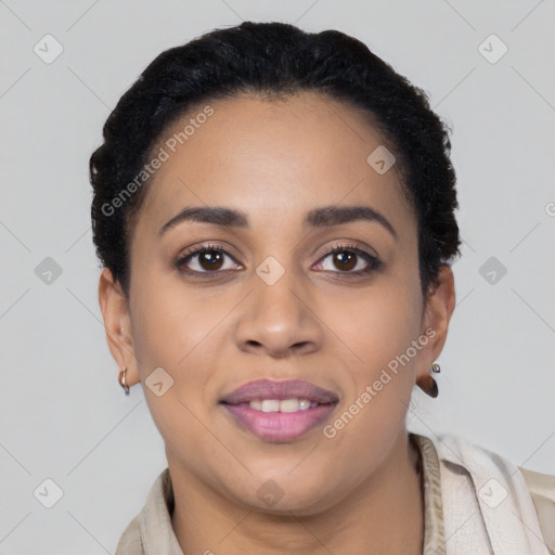 Joyful latino young-adult female with short  black hair and brown eyes