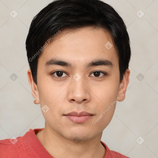 Neutral asian young-adult male with short  black hair and brown eyes