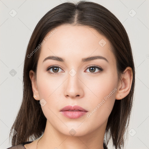 Neutral white young-adult female with medium  brown hair and brown eyes