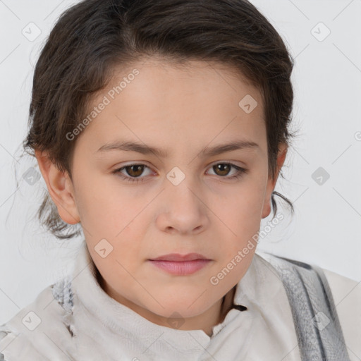 Joyful white child female with short  brown hair and brown eyes