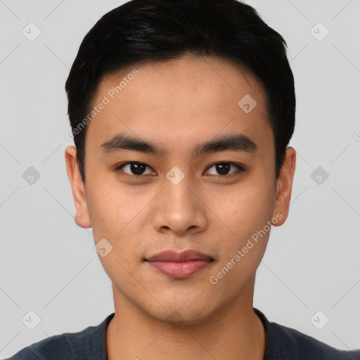 Neutral asian young-adult male with short  black hair and brown eyes