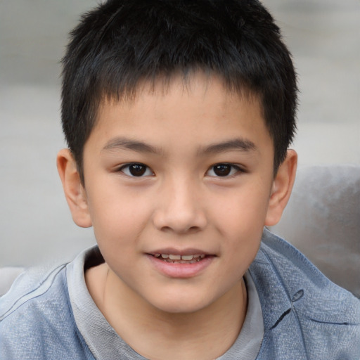 Joyful asian child male with short  brown hair and brown eyes