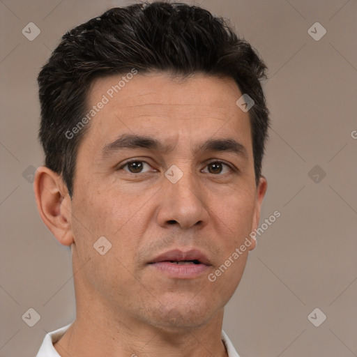 Neutral white adult male with short  brown hair and brown eyes