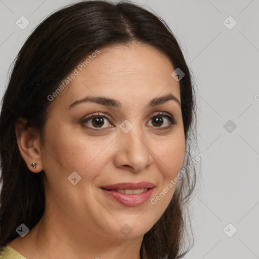 Joyful white adult female with medium  brown hair and brown eyes