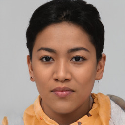 Neutral asian young-adult female with short  black hair and brown eyes