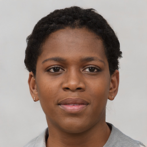 Neutral black young-adult female with short  brown hair and brown eyes