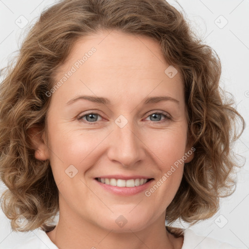 Joyful white young-adult female with medium  brown hair and green eyes