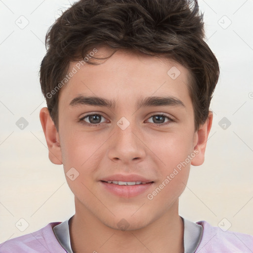 Joyful white child male with short  brown hair and brown eyes