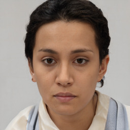 Neutral white young-adult female with short  brown hair and brown eyes