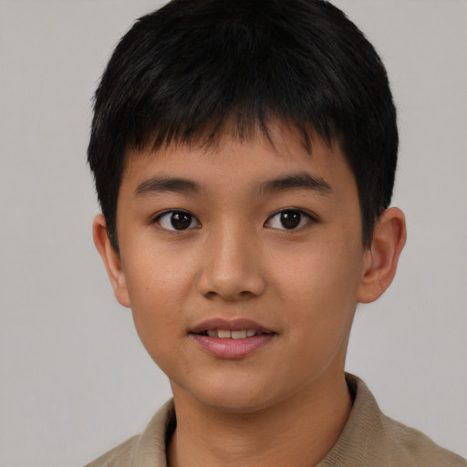 Joyful asian child male with short  brown hair and brown eyes