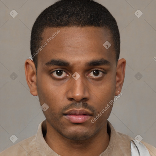 Neutral latino young-adult male with short  black hair and brown eyes