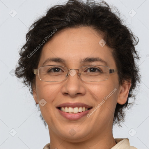 Joyful white adult female with short  brown hair and brown eyes