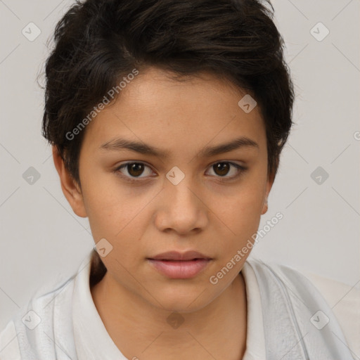 Neutral white young-adult female with short  brown hair and brown eyes