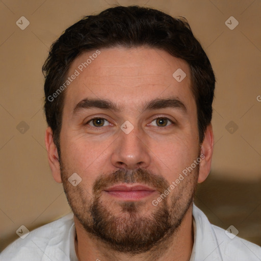 Neutral white young-adult male with short  brown hair and brown eyes