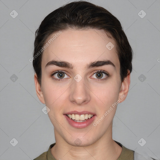 Joyful white young-adult female with short  brown hair and brown eyes