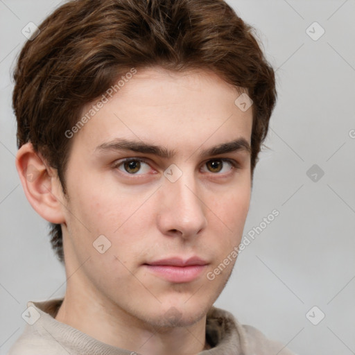 Neutral white young-adult male with short  brown hair and grey eyes