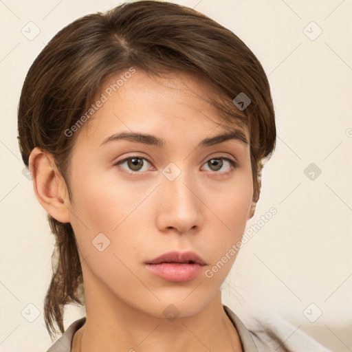 Neutral white young-adult female with medium  brown hair and brown eyes