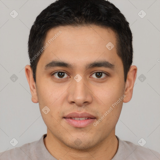 Neutral latino young-adult male with short  brown hair and brown eyes