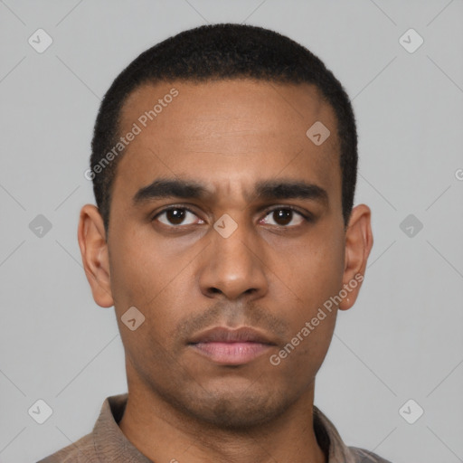 Neutral latino young-adult male with short  black hair and brown eyes