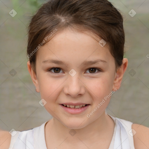 Joyful white child female with short  brown hair and brown eyes