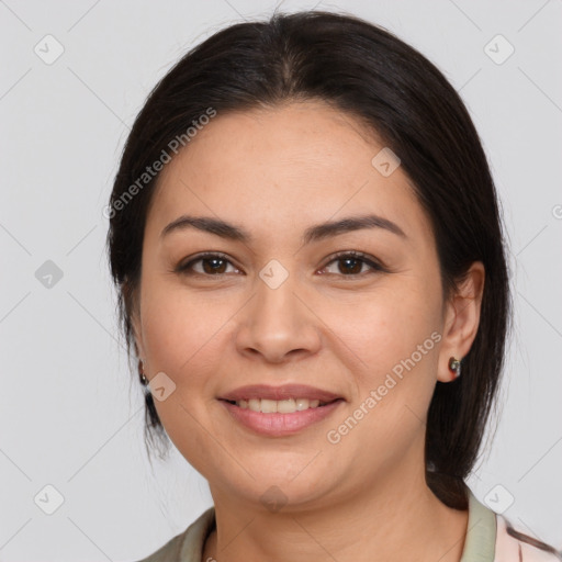 Joyful white young-adult female with medium  brown hair and brown eyes