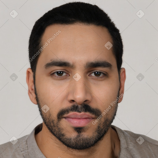 Neutral latino young-adult male with short  black hair and brown eyes