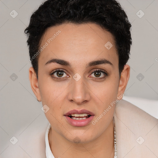 Joyful white young-adult female with short  brown hair and brown eyes