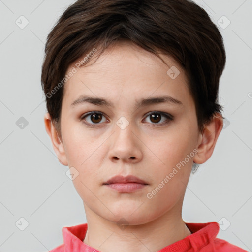 Neutral white young-adult female with short  brown hair and brown eyes