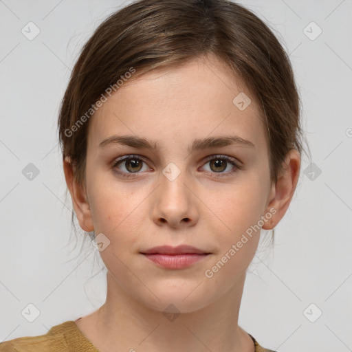 Neutral white young-adult female with medium  brown hair and grey eyes