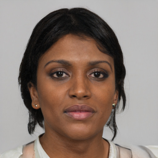 Neutral asian young-adult female with medium  black hair and brown eyes