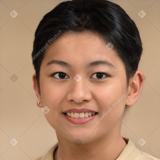 Joyful white young-adult female with short  brown hair and brown eyes